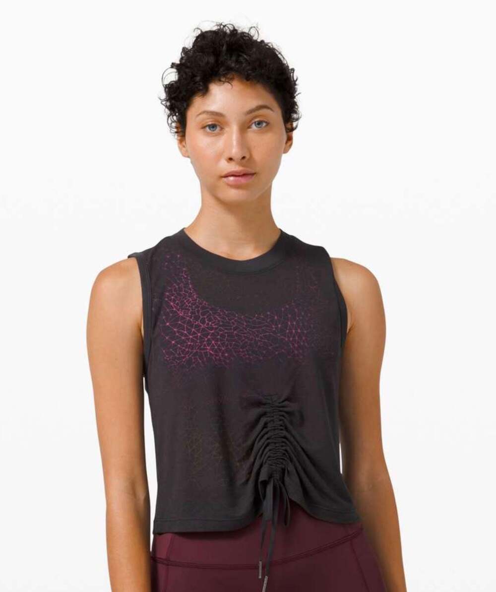 Lululemon Cinch Me Up Front Tank Black Geometric Print Drawstring Crop Top